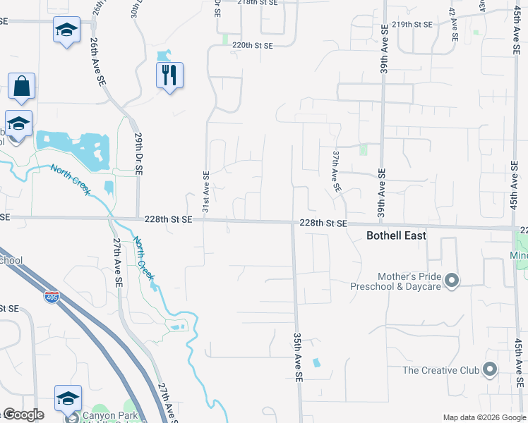 map of restaurants, bars, coffee shops, grocery stores, and more near 3407 228th Street Southeast in Bothell