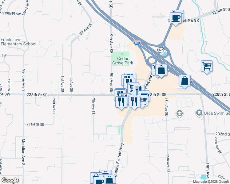 map of restaurants, bars, coffee shops, grocery stores, and more near 22733 9th Avenue Southeast in Bothell