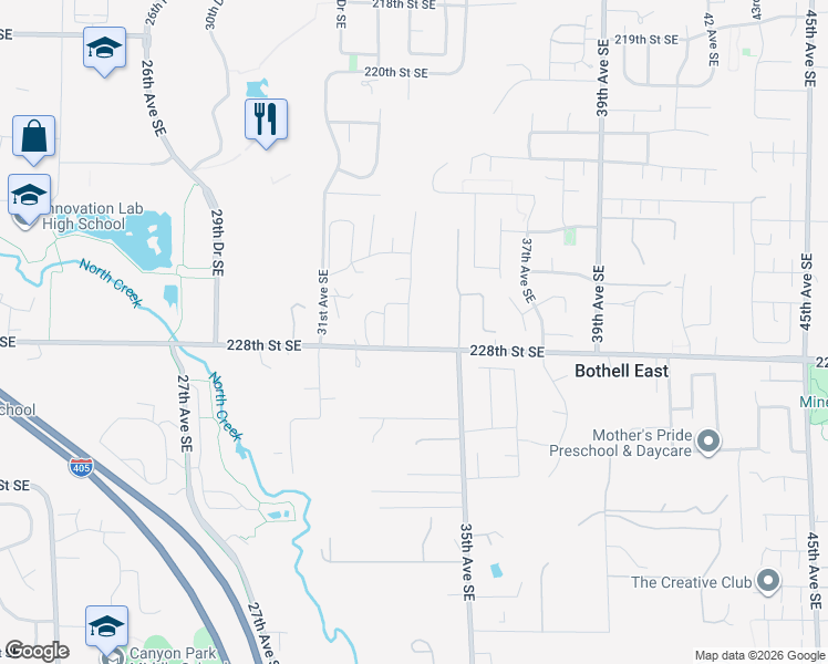 map of restaurants, bars, coffee shops, grocery stores, and more near 3407 228th Street Southeast in Bothell