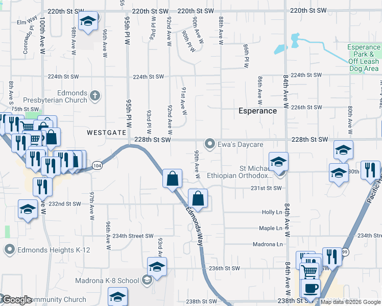 map of restaurants, bars, coffee shops, grocery stores, and more near 9030 229th Street Southwest in Edmonds