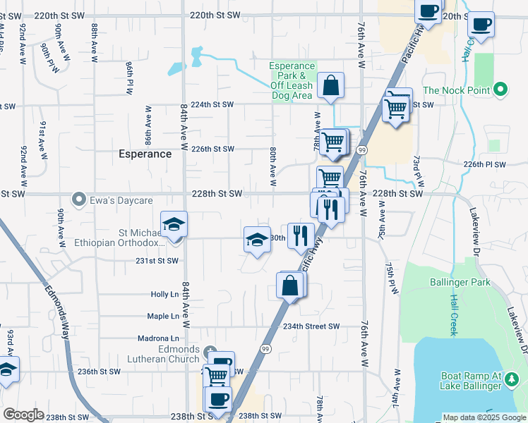 map of restaurants, bars, coffee shops, grocery stores, and more near 22821 80th Place West in Edmonds