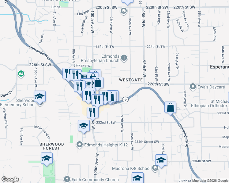 map of restaurants, bars, coffee shops, grocery stores, and more near 9726 228th Place Southwest in Edmonds
