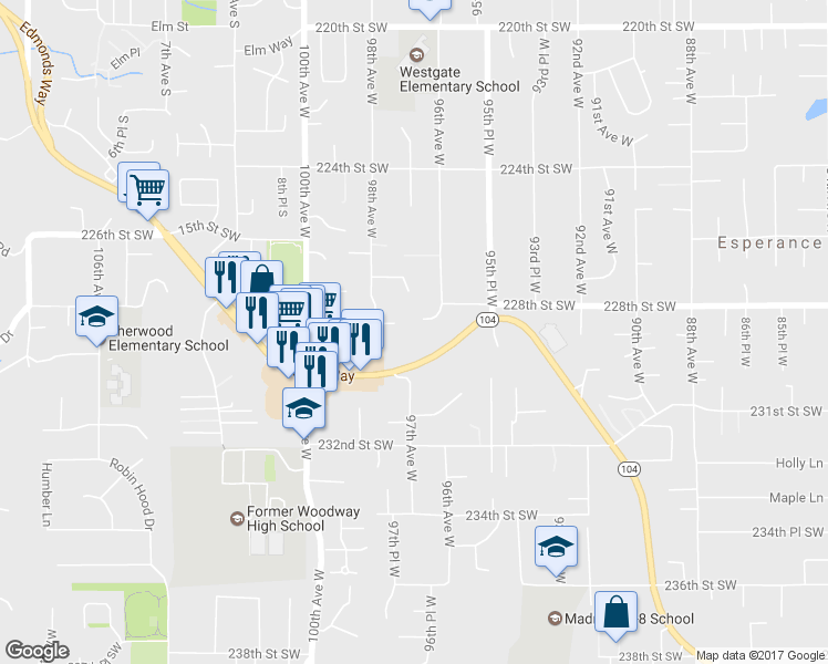 map of restaurants, bars, coffee shops, grocery stores, and more near 22810 96th Place West in Edmonds