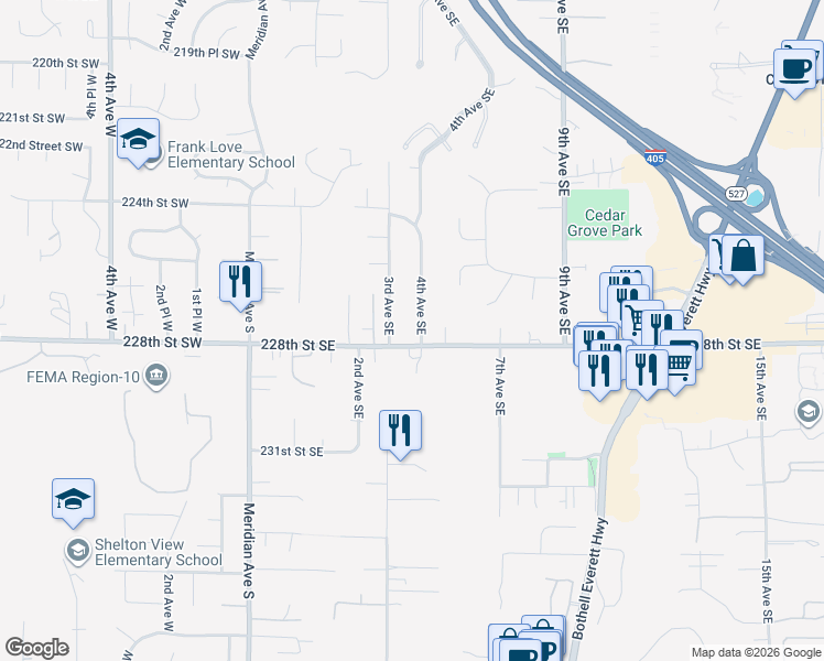map of restaurants, bars, coffee shops, grocery stores, and more near 409 228th Street Southeast in Bothell