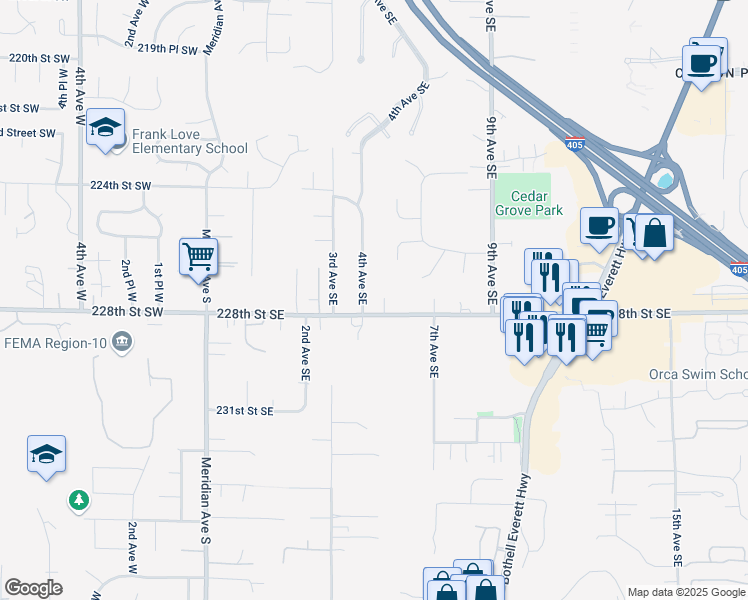 map of restaurants, bars, coffee shops, grocery stores, and more near 409 228th Street Southeast in Bothell