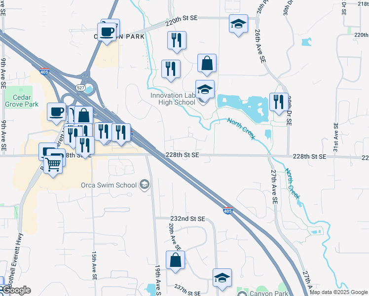 map of restaurants, bars, coffee shops, grocery stores, and more near 2111 228th Place Southeast in Bothell