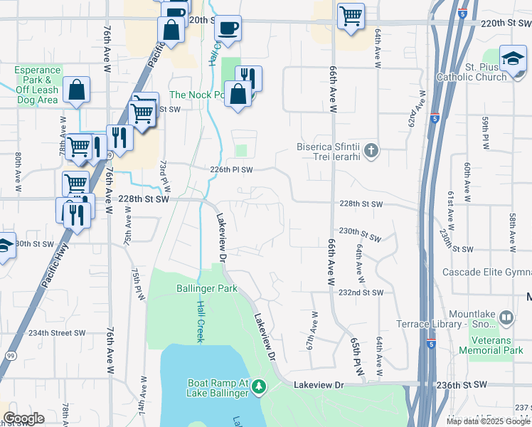 map of restaurants, bars, coffee shops, grocery stores, and more near 22813 Lakeview Drive in Mountlake Terrace