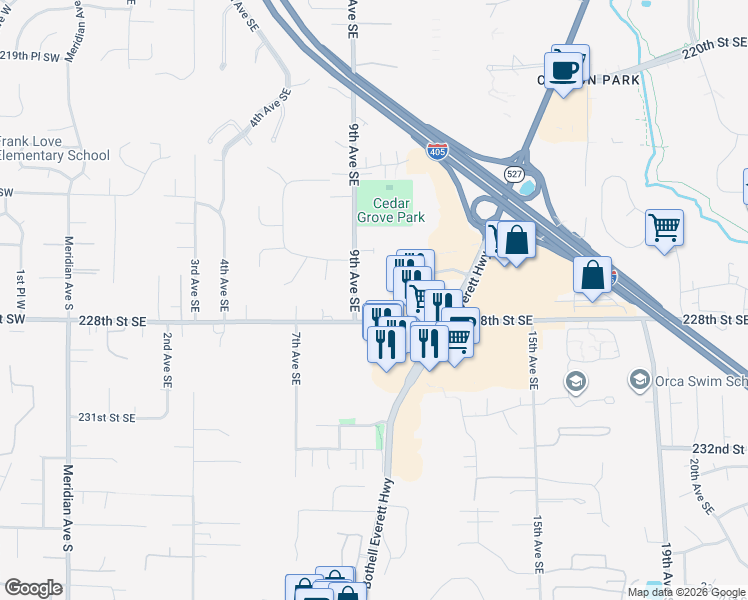 map of restaurants, bars, coffee shops, grocery stores, and more near 22733 9th Avenue Southeast in Bothell