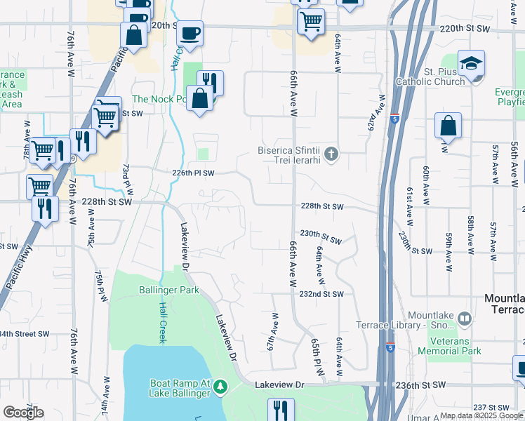 map of restaurants, bars, coffee shops, grocery stores, and more near 6710 228th Street Southwest in Mountlake Terrace