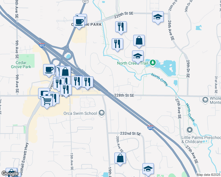 map of restaurants, bars, coffee shops, grocery stores, and more near 22510 20th Avenue Southeast in Bothell