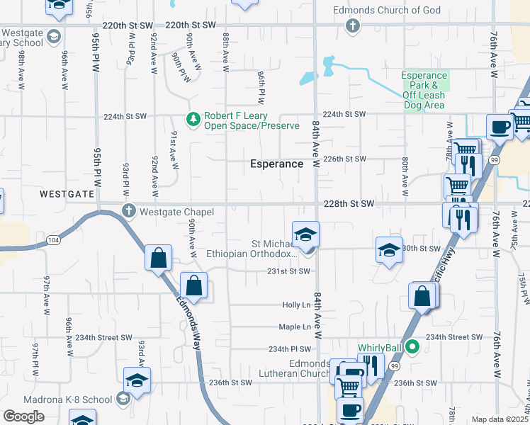 map of restaurants, bars, coffee shops, grocery stores, and more near 22831 86th Place West in Edmonds