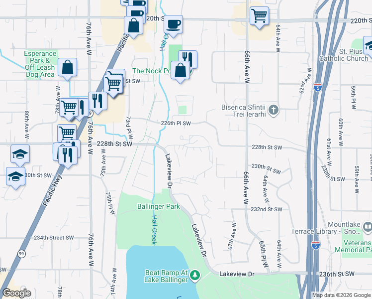 map of restaurants, bars, coffee shops, grocery stores, and more near 22817 Lakeview Drive in Mountlake Terrace