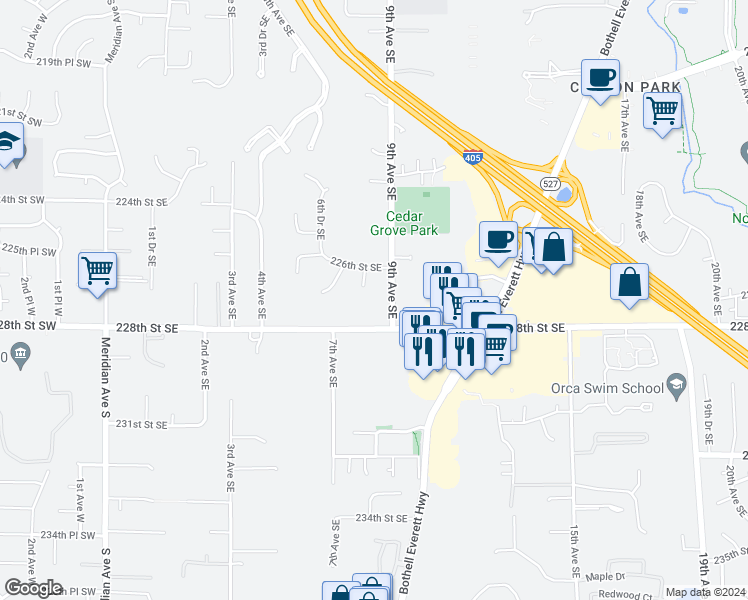 map of restaurants, bars, coffee shops, grocery stores, and more near 805 228th Street Southeast in Bothell
