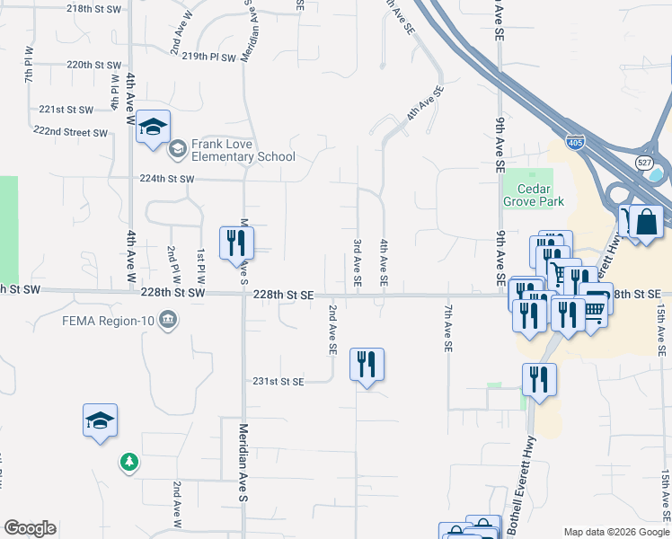 map of restaurants, bars, coffee shops, grocery stores, and more near 201 228th Street Southwest in Bothell