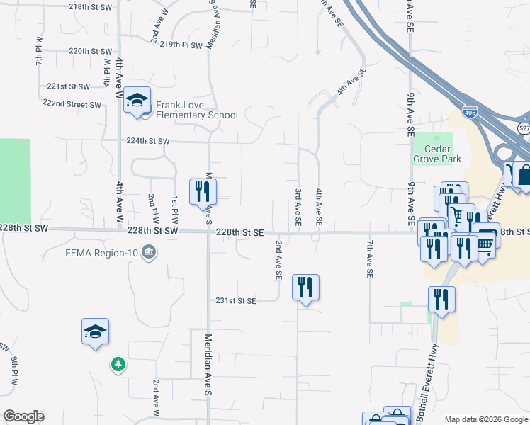 map of restaurants, bars, coffee shops, grocery stores, and more near 201 228th Street Southwest in Bothell