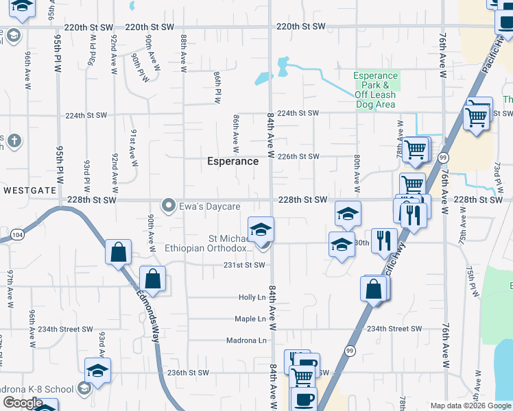 map of restaurants, bars, coffee shops, grocery stores, and more near 22906 84th Avenue West in Edmonds