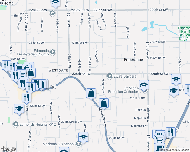 map of restaurants, bars, coffee shops, grocery stores, and more near 9030 229th Street Southwest in Edmonds