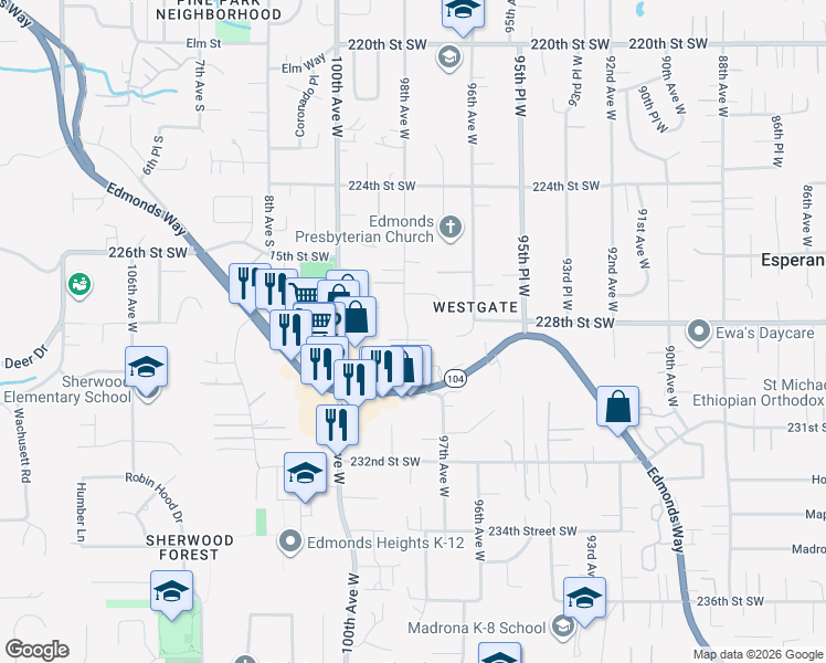 map of restaurants, bars, coffee shops, grocery stores, and more near 9726 228th Place Southwest in Edmonds