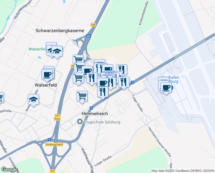 map of restaurants, bars, coffee shops, grocery stores, and more near 1 Kasernenstraße in Himmelreich