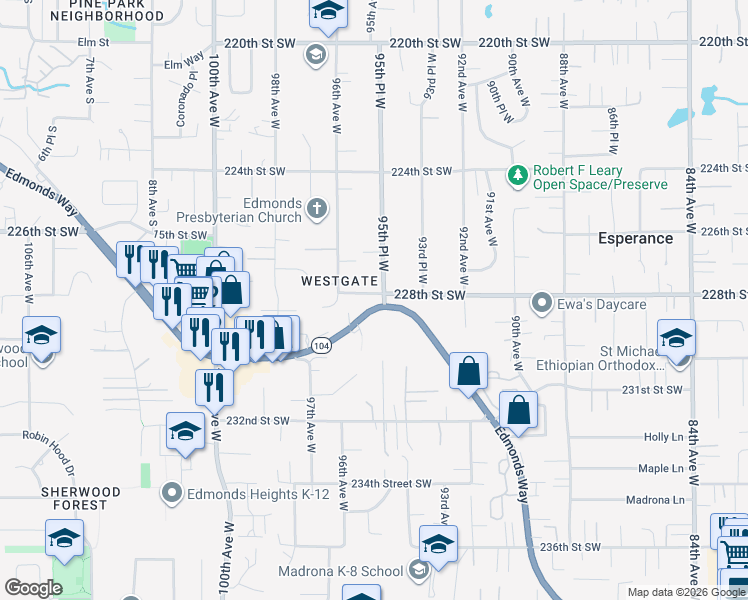 map of restaurants, bars, coffee shops, grocery stores, and more near 22810 Edmonds Way in Edmonds