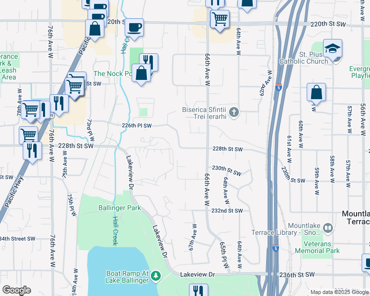 map of restaurants, bars, coffee shops, grocery stores, and more near 6710 228th Street Southwest in Mountlake Terrace
