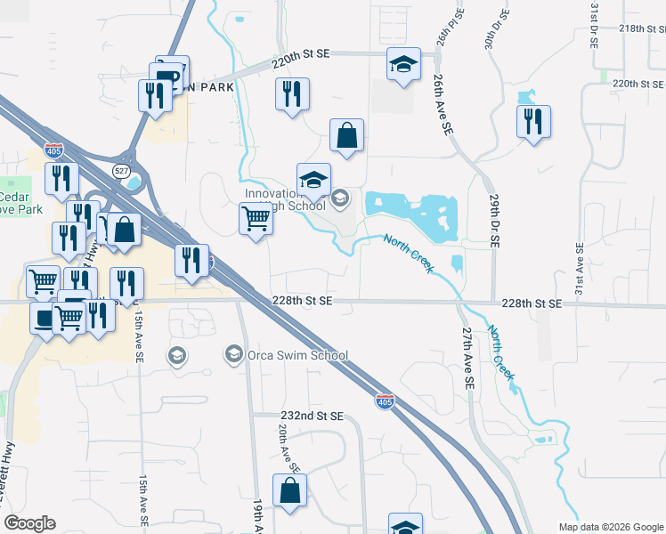 map of restaurants, bars, coffee shops, grocery stores, and more near 2207 227th Street Southeast in Bothell