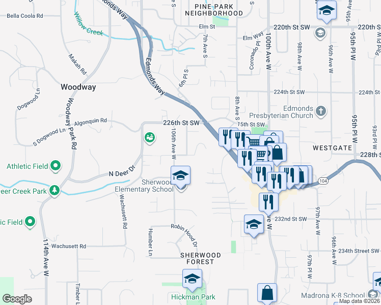 map of restaurants, bars, coffee shops, grocery stores, and more near 22729 105th Avenue West in Edmonds