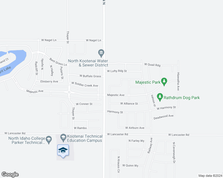 map of restaurants, bars, coffee shops, grocery stores, and more near 6369 West Trestle Street in Rathdrum