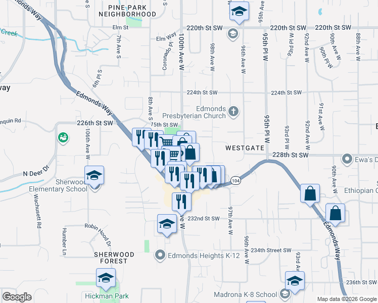 map of restaurants, bars, coffee shops, grocery stores, and more near 9918 227th Place Southwest in Edmonds