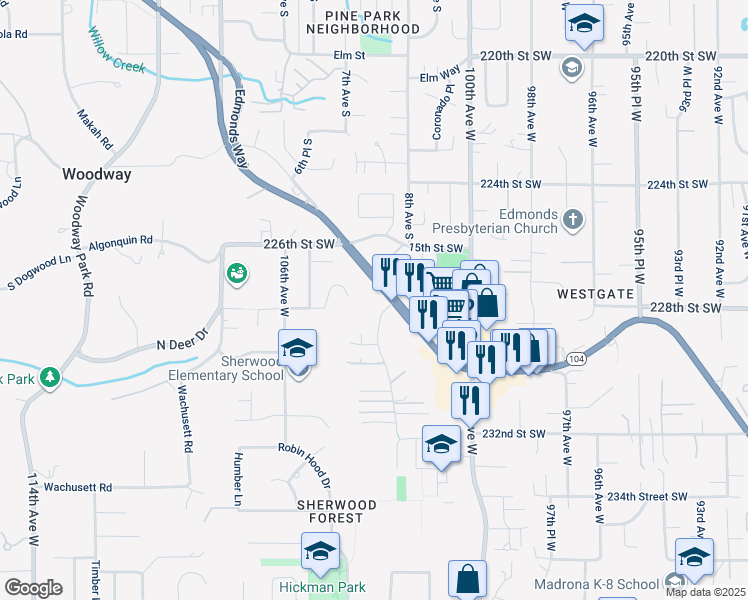 map of restaurants, bars, coffee shops, grocery stores, and more near 750 Edmonds Way in Edmonds