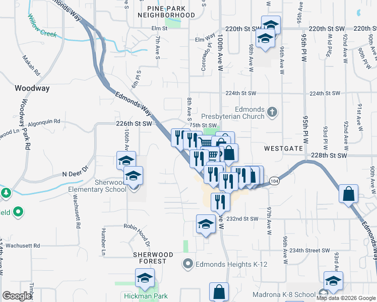 map of restaurants, bars, coffee shops, grocery stores, and more near 740 15th Way Southwest in Edmonds