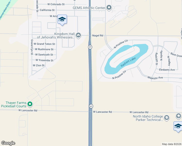 map of restaurants, bars, coffee shops, grocery stores, and more near 12901 Idaho 41 in Rathdrum
