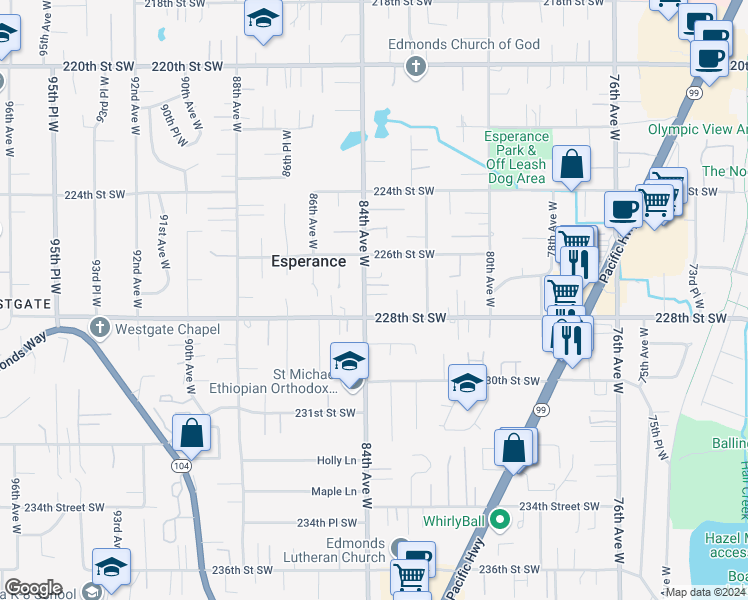 map of restaurants, bars, coffee shops, grocery stores, and more near 22715 84th Avenue West in Edmonds