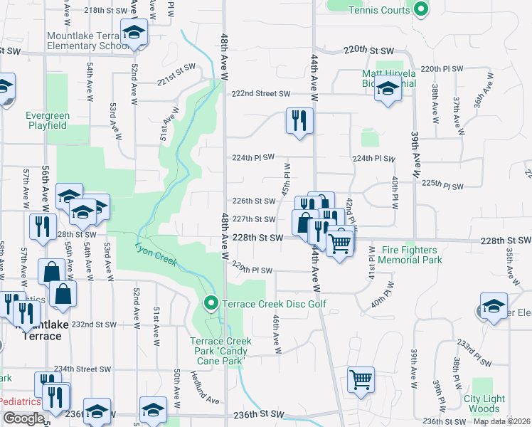 map of restaurants, bars, coffee shops, grocery stores, and more near 4603 227th Street Southwest in Mountlake Terrace