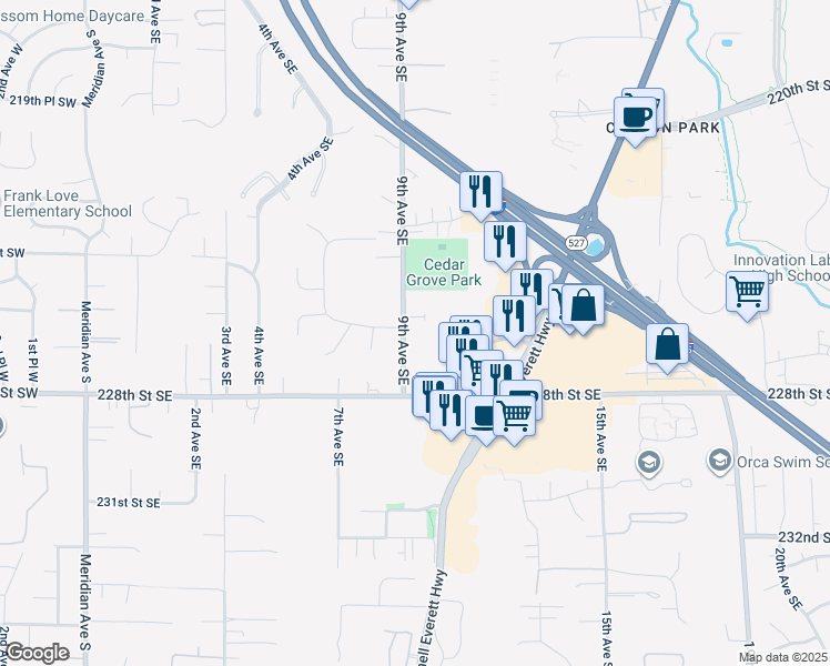 map of restaurants, bars, coffee shops, grocery stores, and more near 22605 9th Avenue Southeast in Bothell