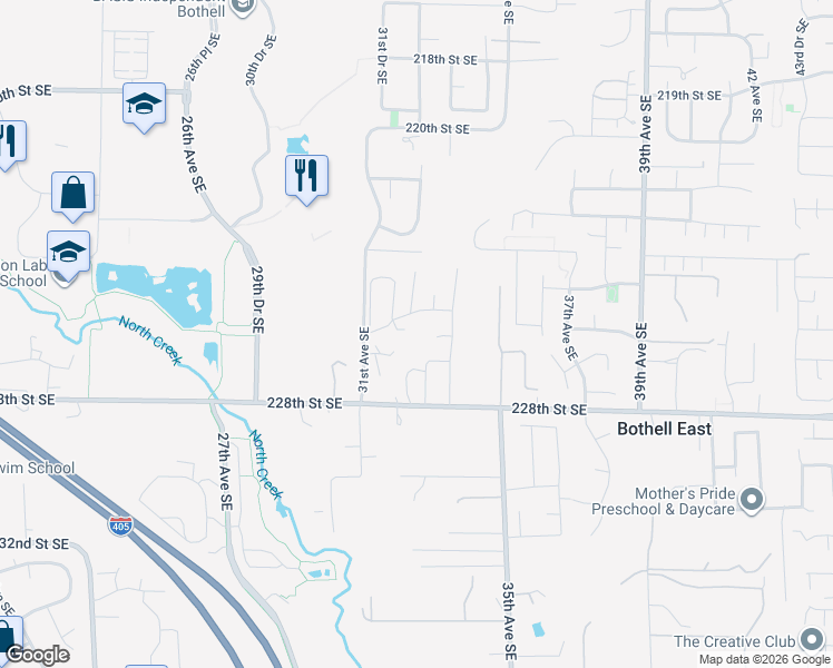 map of restaurants, bars, coffee shops, grocery stores, and more near 3333 228th Street Southeast in Bothell
