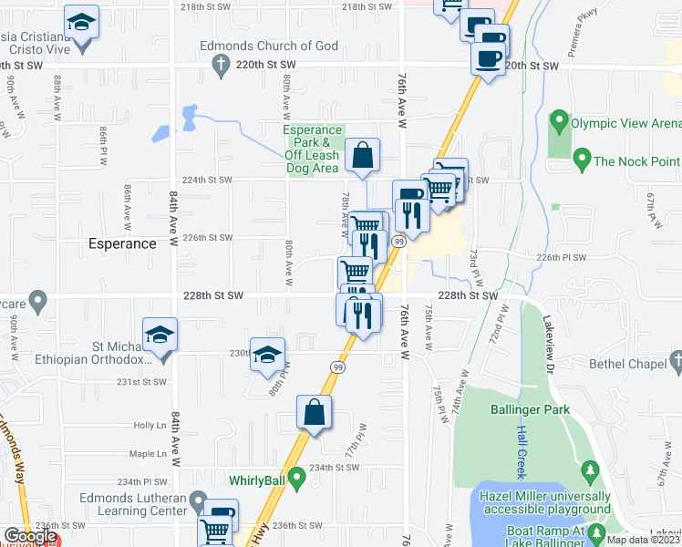 map of restaurants, bars, coffee shops, grocery stores, and more near 22711 78th Avenue West in Edmonds