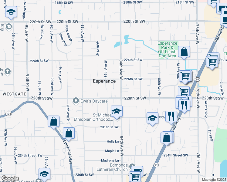 map of restaurants, bars, coffee shops, grocery stores, and more near 22704 85th Avenue West in Edmonds