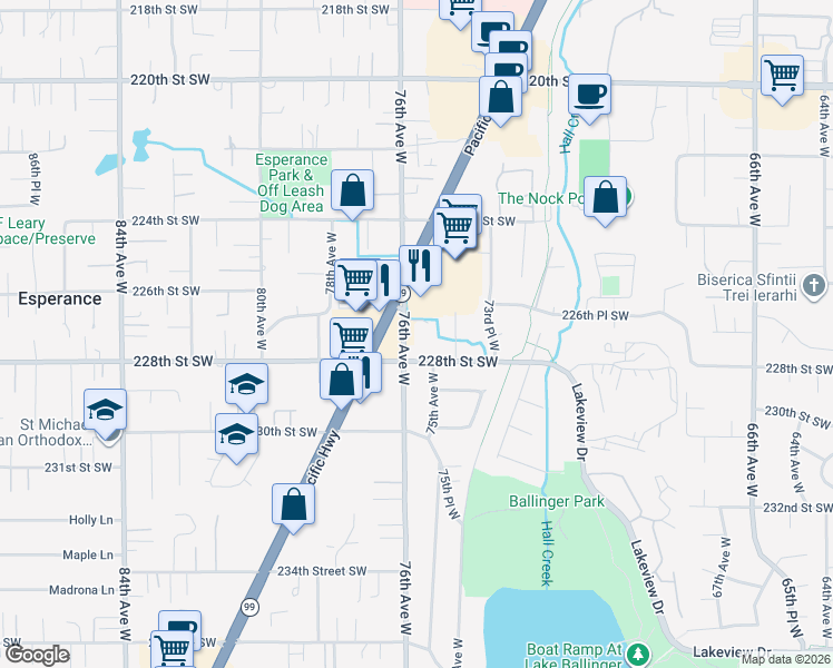 map of restaurants, bars, coffee shops, grocery stores, and more near 22707 76th Avenue West in Edmonds