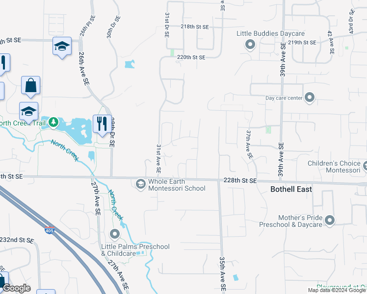 map of restaurants, bars, coffee shops, grocery stores, and more near 3333 228th Street Southeast in Bothell