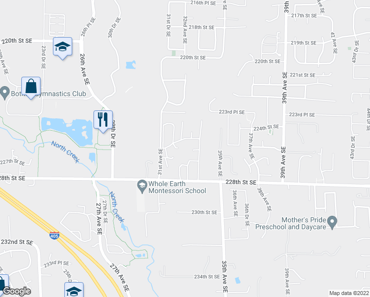 map of restaurants, bars, coffee shops, grocery stores, and more near 3333 228th Street Southeast in Bothell