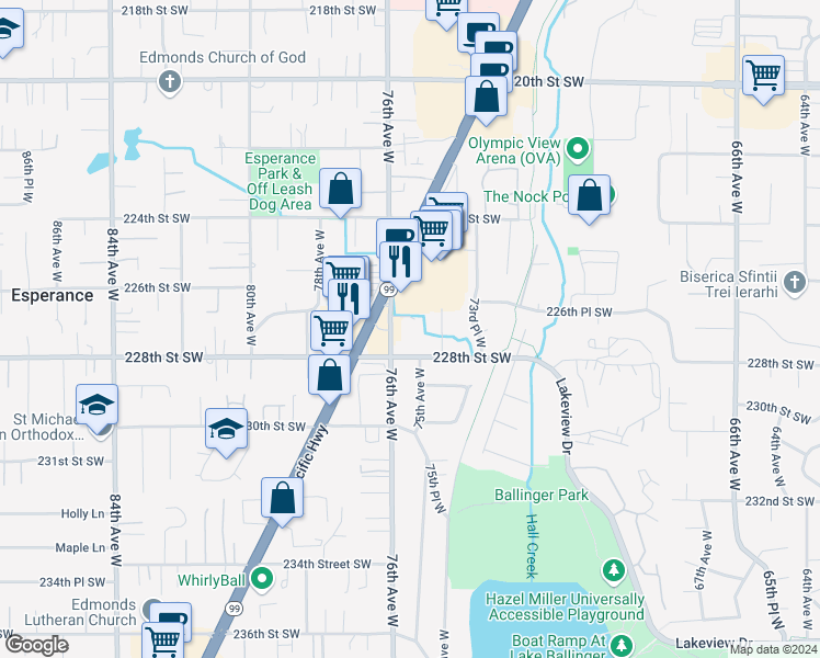 map of restaurants, bars, coffee shops, grocery stores, and more near 22717 Highway 99 in Edmonds