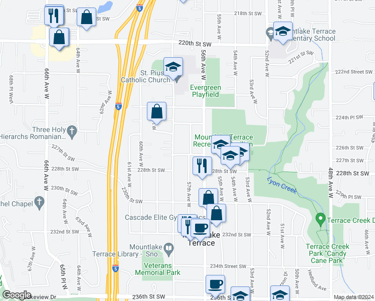 map of restaurants, bars, coffee shops, grocery stores, and more near 22608 57th Avenue West in Mountlake Terrace