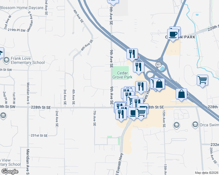 map of restaurants, bars, coffee shops, grocery stores, and more near 827 226th Street Southeast in Bothell