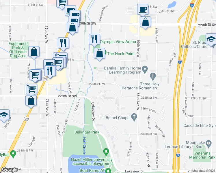 map of restaurants, bars, coffee shops, grocery stores, and more near 6904 226th Place Southwest in Mountlake Terrace