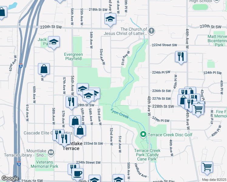 map of restaurants, bars, coffee shops, grocery stores, and more near in Mountlake Terrace