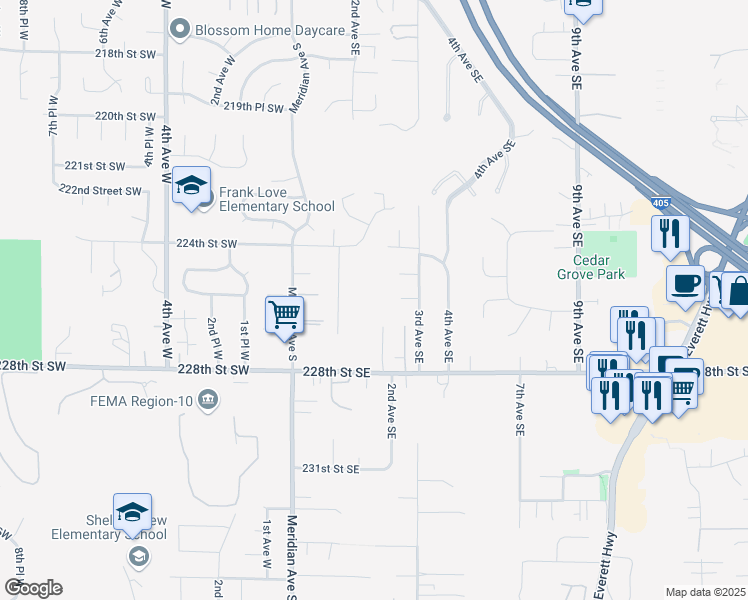 map of restaurants, bars, coffee shops, grocery stores, and more near 132 224th Street Southeast in Bothell