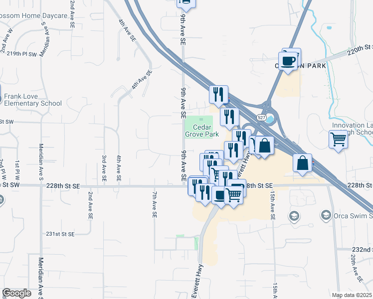 map of restaurants, bars, coffee shops, grocery stores, and more near 22605 9th Avenue Southeast in Bothell