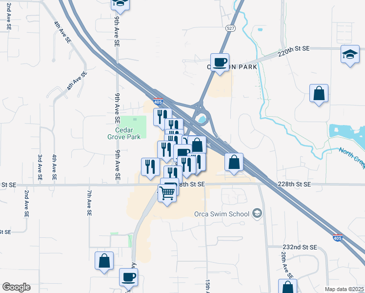 map of restaurants, bars, coffee shops, grocery stores, and more near 22618 Bothell Everett Highway in Bothell