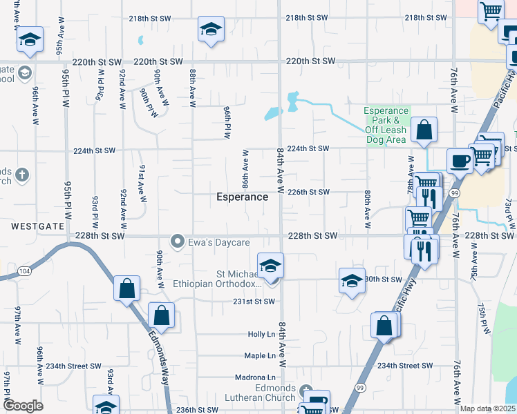 map of restaurants, bars, coffee shops, grocery stores, and more near 22704 85th Avenue West in Edmonds
